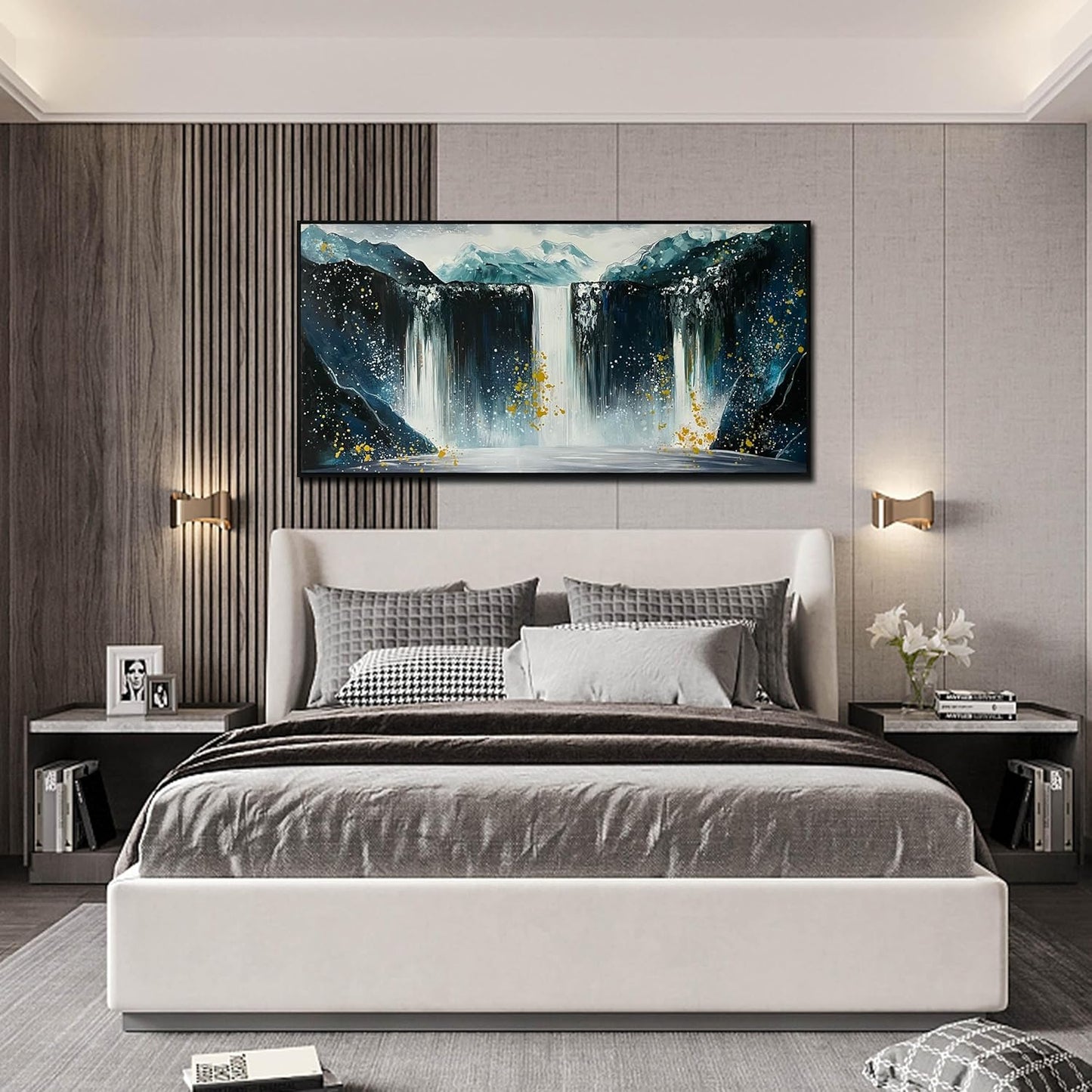 Waterfall Hand Painted Wall Art for Living Room - Mountains Wall Art for Office Decor - Landscape Big Wall Art for Living Room Size 29" x 59"
