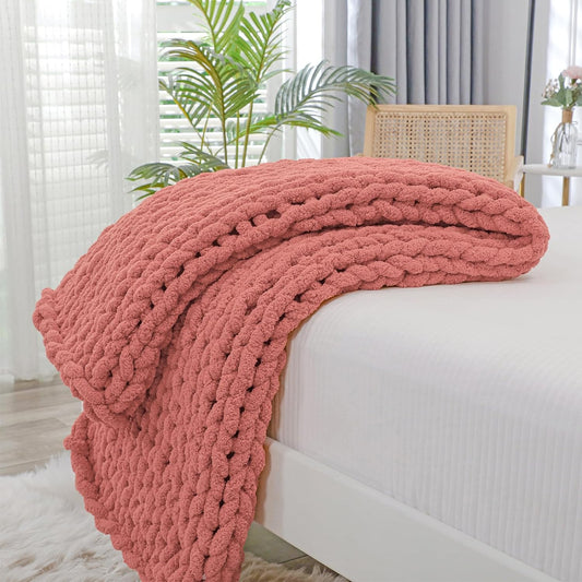 Bigacogo Chunky Knit Throw Blanket for Couch, 40x60 inches, 100% Hand Knitted with Thick Jumbo Chenille Yarn, Cozy Soft Large Rope Knot Cable Crochet Blankets for Sofa Bed Living Room, Antique Red