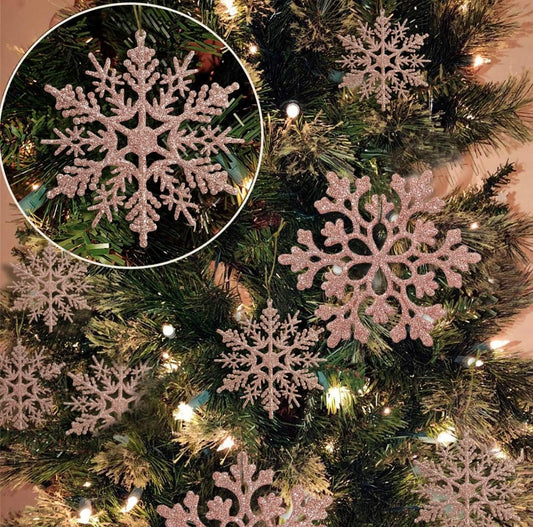 36pcs Christmas Rose Gold Snowflake Ornaments Plastic Glitter Snow Flakes Ornaments for Winter Christmas Tree Decorations Size Varies Craft Snowflakes
