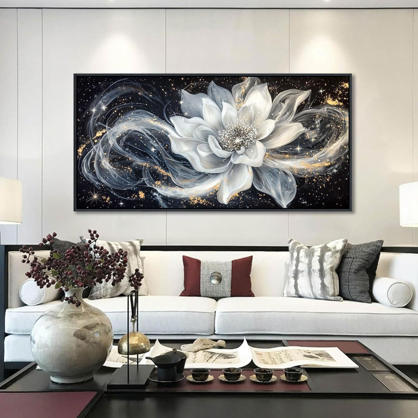QZQCBLC Large Framed Wall Art, Black and White Lotus Wall Art Modern Abstract Flower Pictures Gold Silver Canvas Painting Artwork for Living room Bedroom kitchen Home Office Decor 29x58 IN
