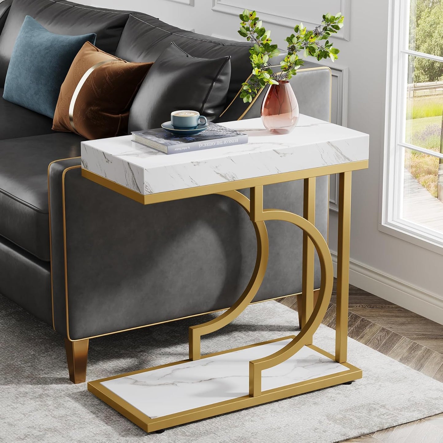 Tribesigns Narrow Side Table White Gold C Shaped End Table Modern Small Bedside Tables for Couch, Sofa Chairside Tables with Metal Frame for Living Room (2, White+Gold)