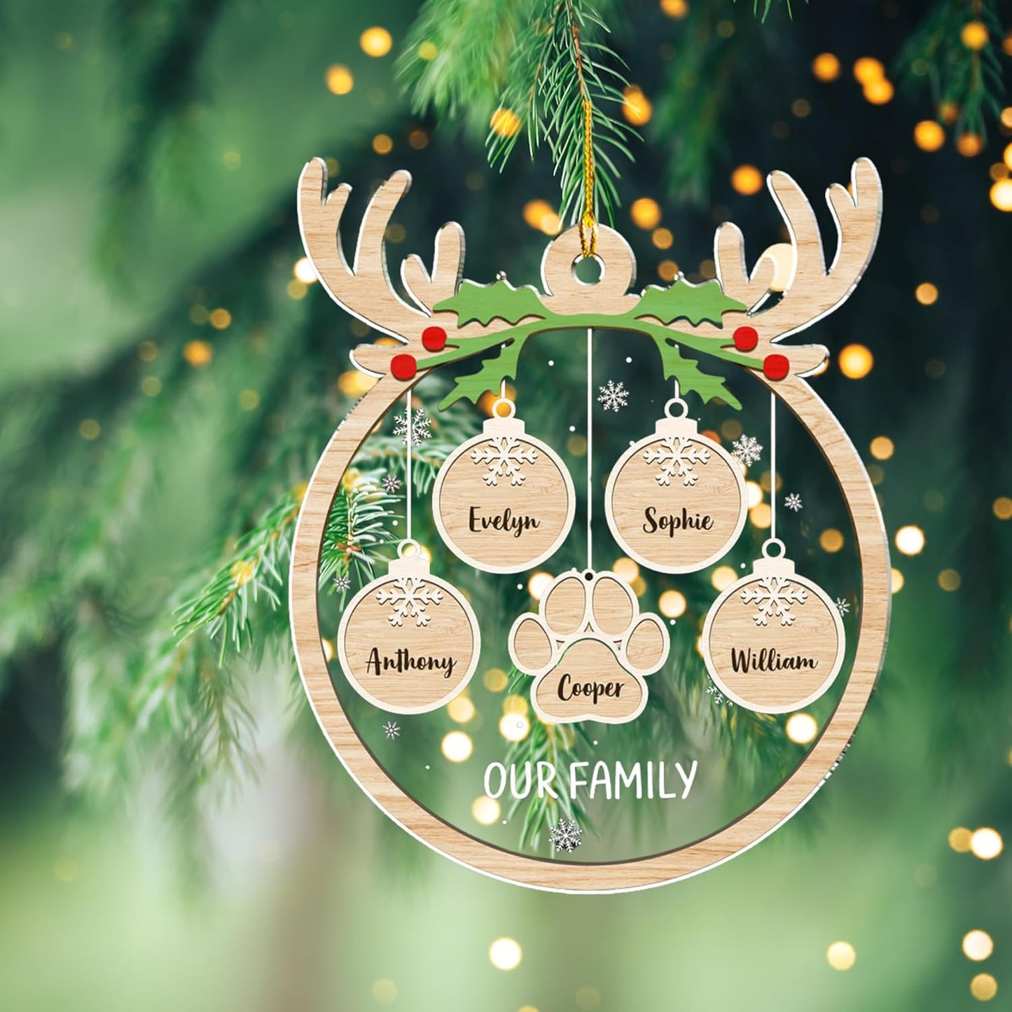 Personalized Family Christmas Acrylic Ornament 2024 - Custom Name Charms Family Members up to 10 People and Pets, Paw Charm Ornament Gifts for Family Tree Decoration (A01, 9 Names)