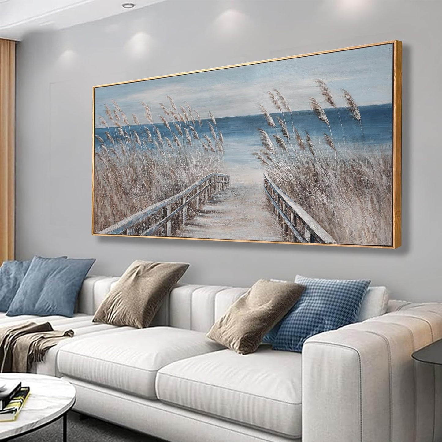 Wall Art Decor Wall Canvas Painting Reed And Blue Coast Landscape Decor Framed For Living Room Bedroom Dining Room Home Office Modern Abstract Artwork Home Decoration 24"x48"