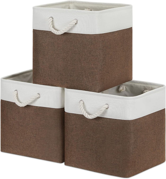 Bidtakay Collapsible Rustic Cube Storage - Brown Cloth Baskets with Handles, 13x13x13 Inch, Set of 3 Fabric Storage Bins