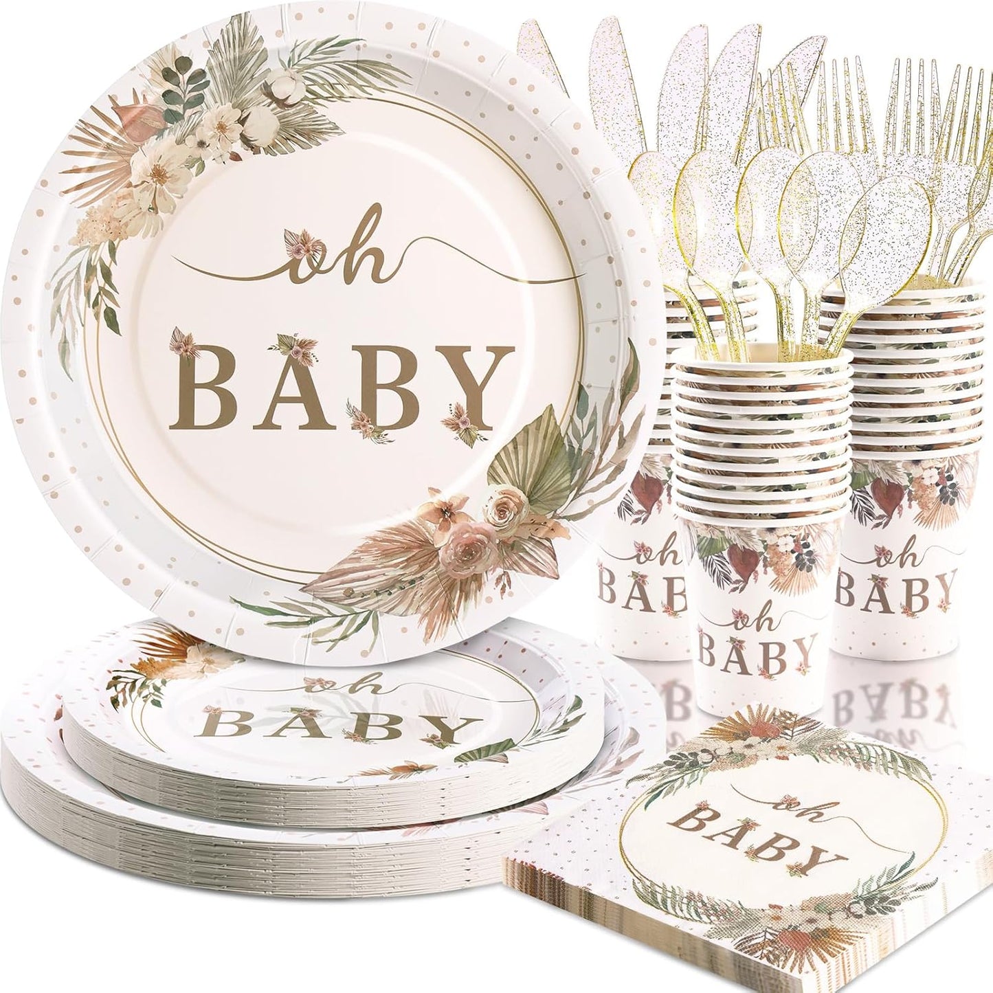 140 Pcs Boho Baby Shower Decorations for Girl, Baby Shower Plates and Cups and Napkins Sets, Oh Baby Plates for Western Sweet Baby Girl, Summer Fall Neutral, Serves 20