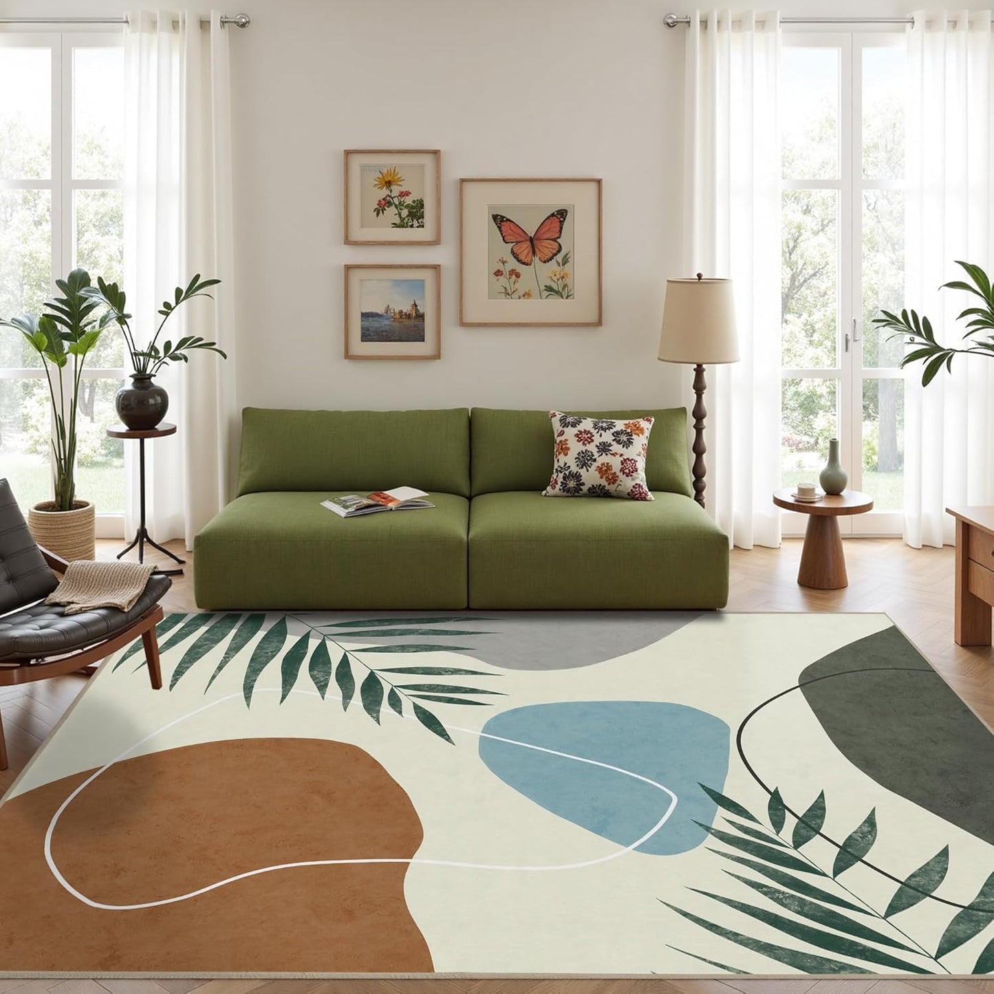 Indoor Outdoor Area Rug, Mid Century Outdoor Patio Rug, Washable Abstract Art Leaves Eucalyptus Rugs, Non-Slip Carpet for Camping, Living Room, Bedroom, Deck(8x10)