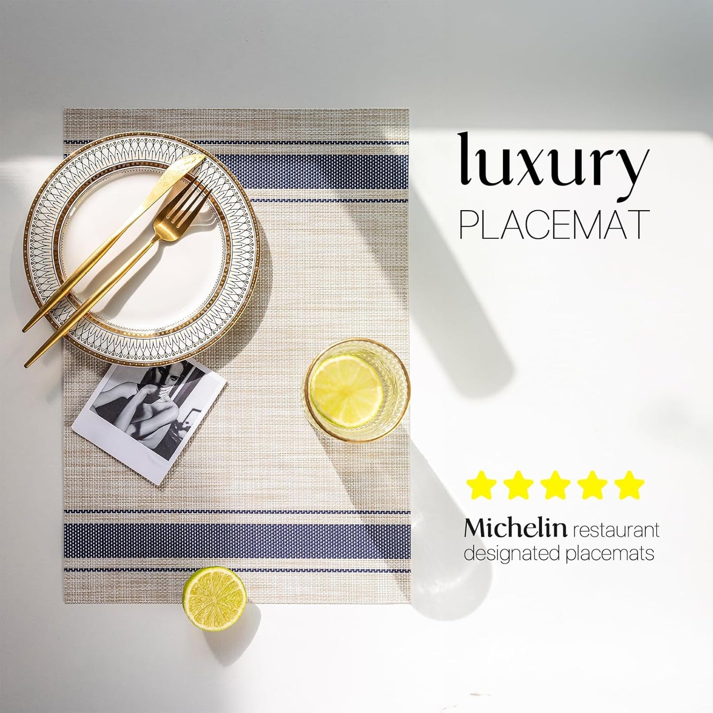 LEXMORE Placemats Set of 4 Vinyl/Plastic Woven Place Mats for Kitchen Table Indoor/Outdoor Washable Placemat Wipeable Dining Table Mats(Blue Skyline)