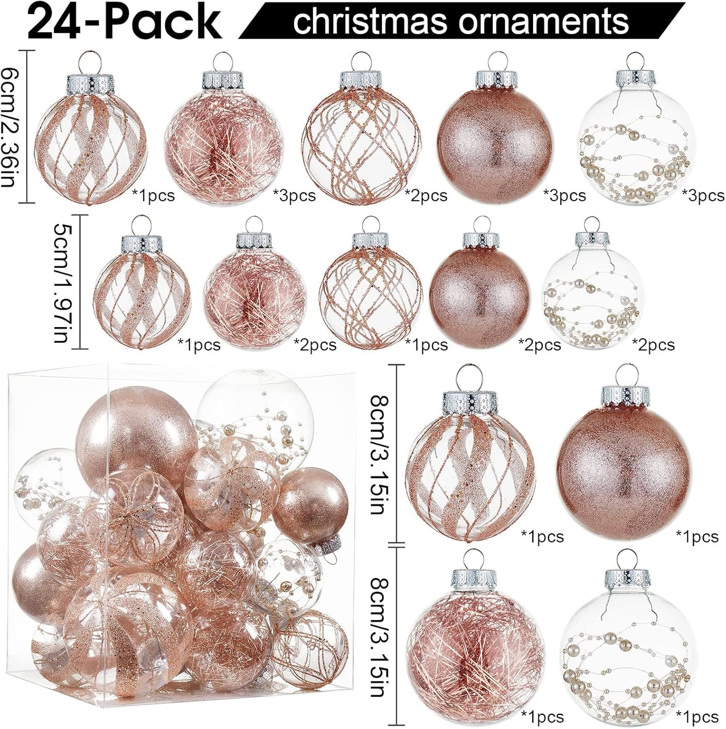 Clear Christmas Ball Ornaments,24ct Shatterproof Plastic Decorative Christmas Ornaments Hanging Xmas Tree Baubles Set with Stuffed Delicate Glittering Decorations for Holiday Party Decor(Rose Gold)