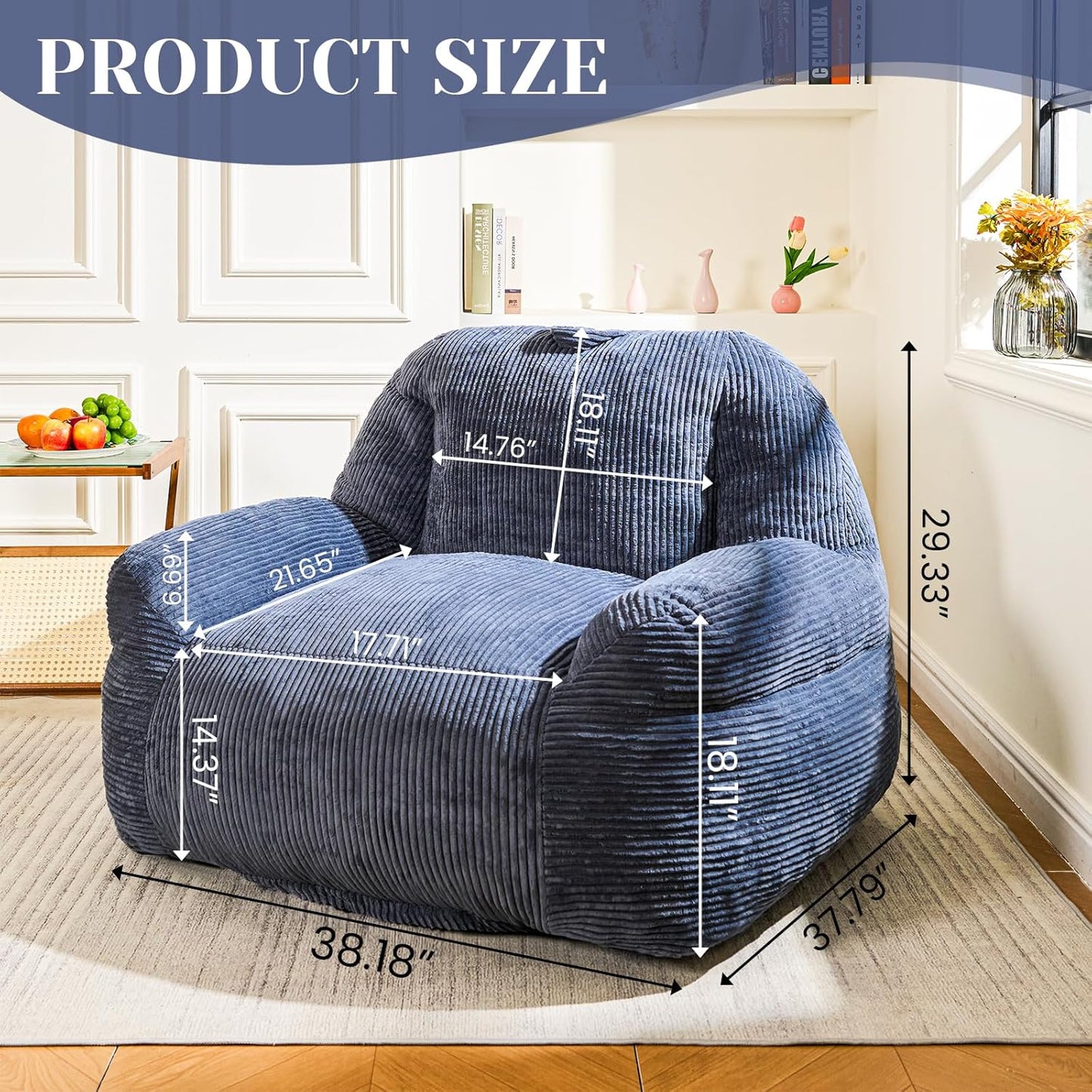 Bean Bag Chair, Faux Fur Bean Bag Chair for Adults, Fluffy and Comfy Bean Bags with Filler, Bean Bag Sofa Chair for Reading, Gaming, Stuffed High-Density Foam, Grey