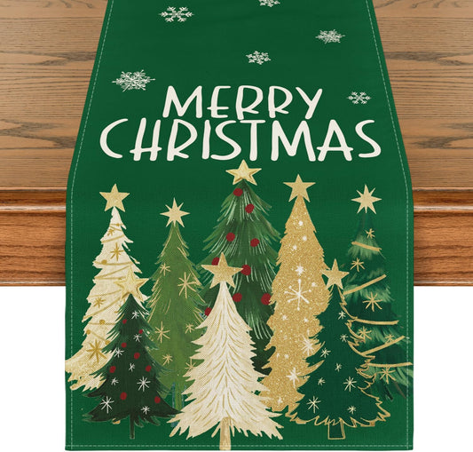 Artoid Mode Xmas Trees Snowflakes Green Merry Christmas Table Runner, Winter Seasonal Kitchen Dining Table Decoration for Home Party Decor 13x72 Inch