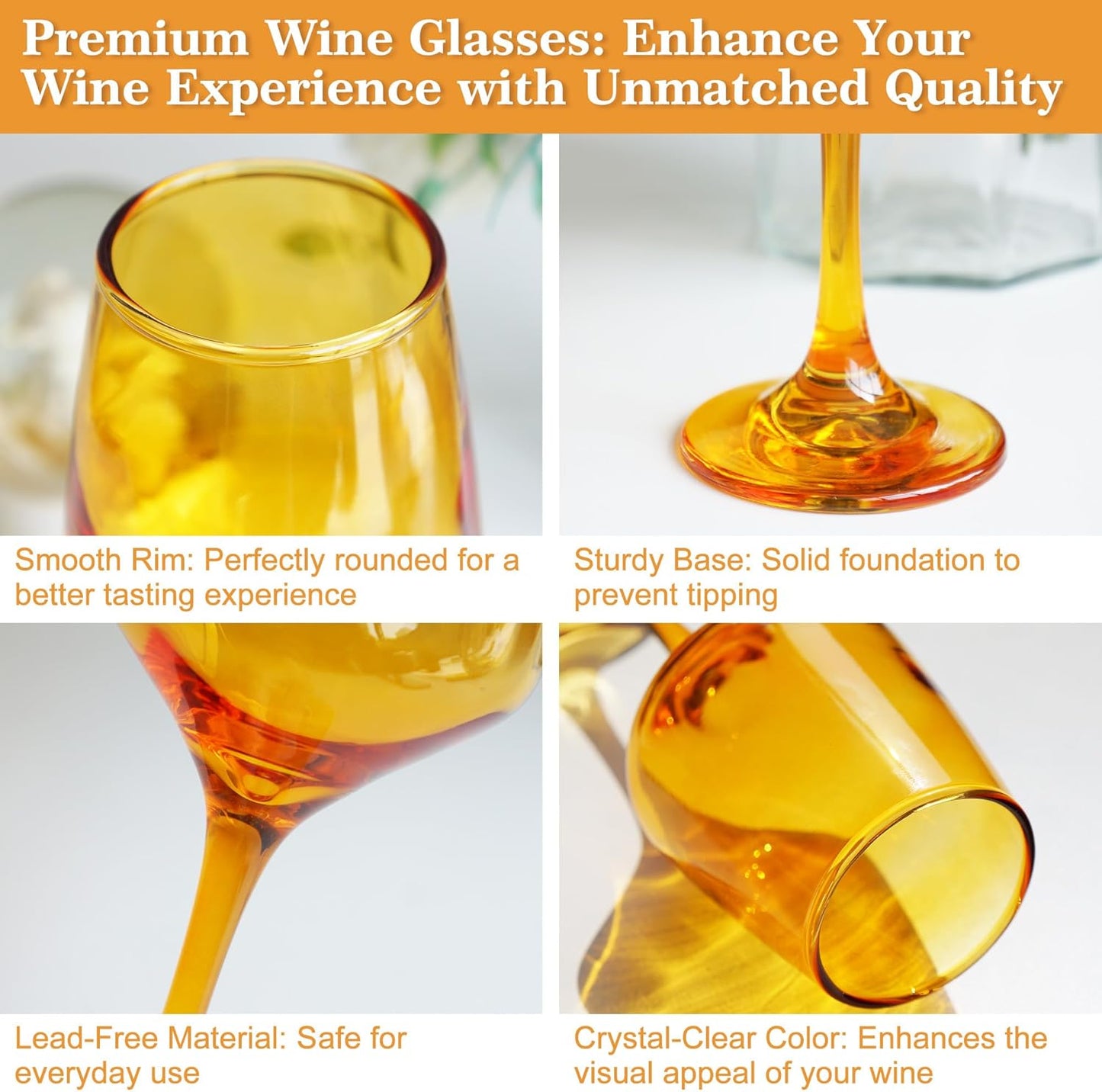 Amber Wine Glasses Set of 6-14oz Long Stem Wine Glass, Pretty Crystal Glassware, Hand Blown Goblets Drinkware, Unique Stemware Wine Glass Holiday Gift Set