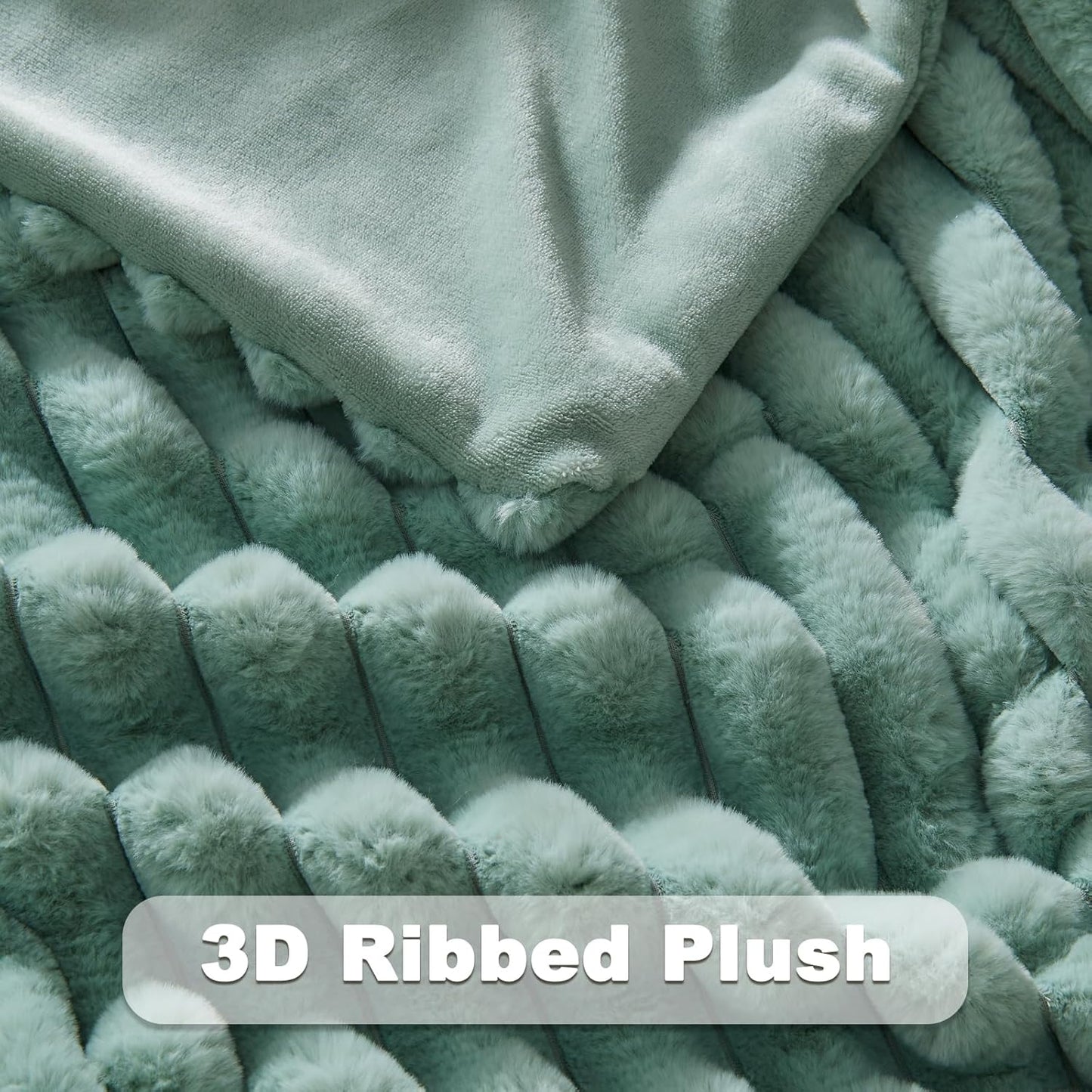 NEWCOSPLAY Faux Fur Throw Blanket New Sage Green 3D Ribbed Plush Thick Warm Blanket for Couch Sofa Bed 850GSM (New Sage Green Ribbed, Throw(50"x60"))