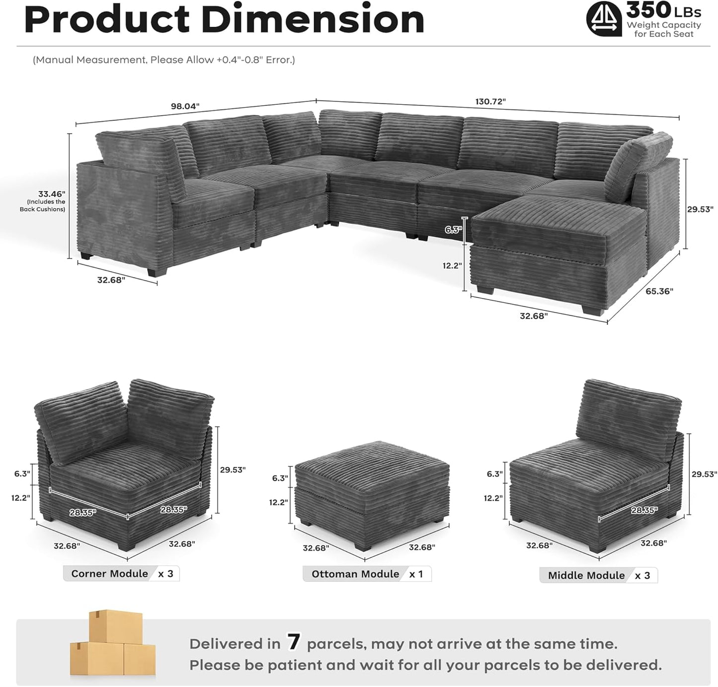ovios Sectional Sofa Couch with U-Shape Chaise Sofa Bed, Comfy Modular Cloud Couches with Deep Seat, Modern Upholstered Plush Corduroy Sofas Set for Living Room, 7-Seater, Grey