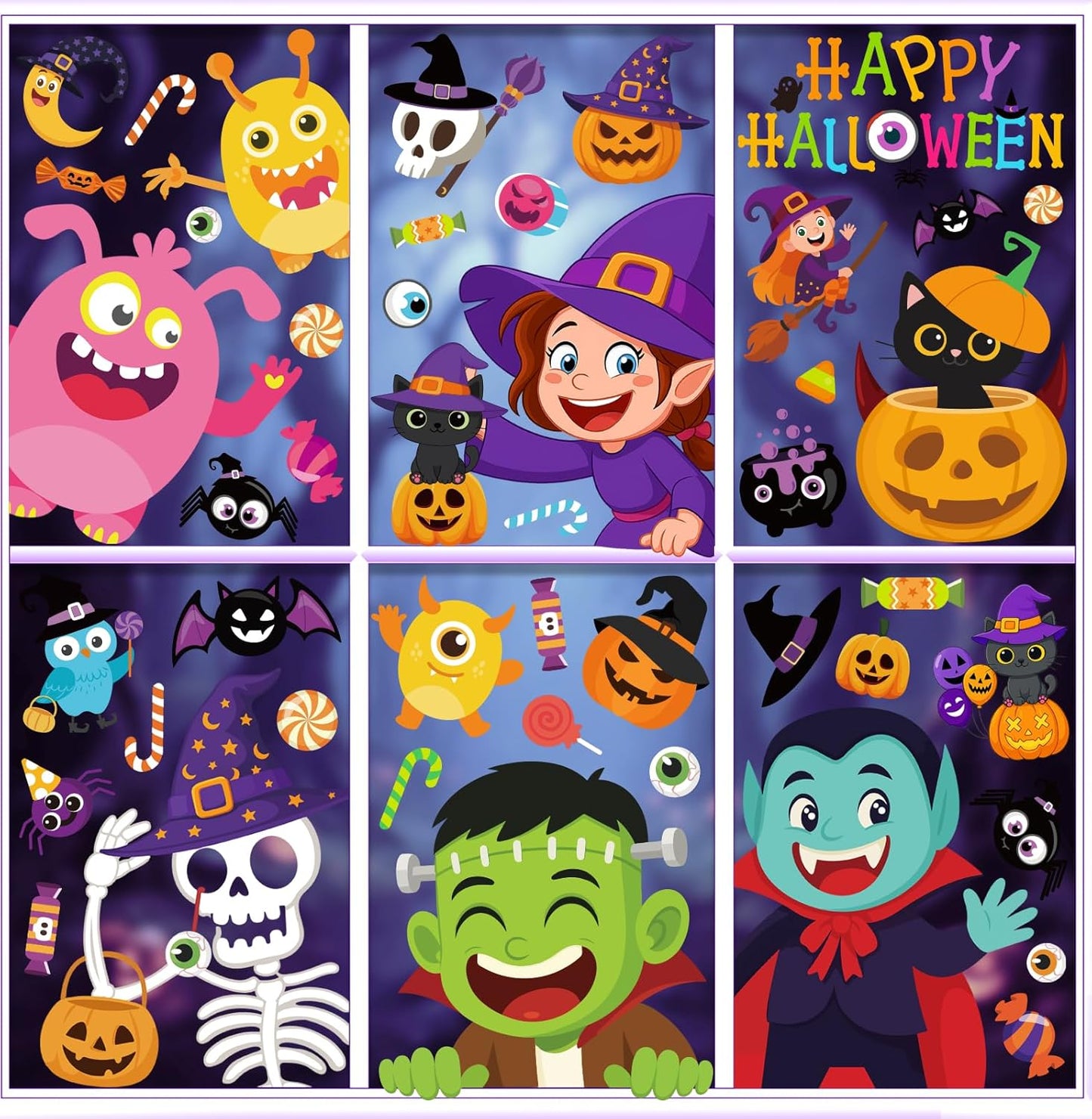 Halloween Window Clings - 9 Sheets 82 Pcs Cute Happy Halloween Window Decorations Indoor for Home Eyes Party Ghost Cat Bat Witch Stickers for Glass Double-Sided Removable Static Glass Decals