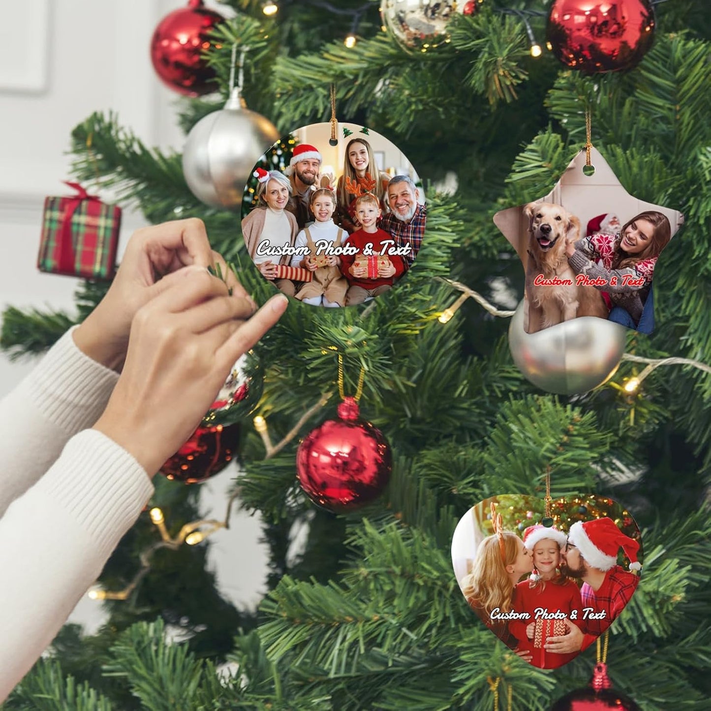 Personalized Christmas Ornaments with Photo 2025 Custom Picture Text Ornaments for Christmas,Double-Sided Ceramic Customized Xmas Tree Decor for Family Couples Dogs,Round