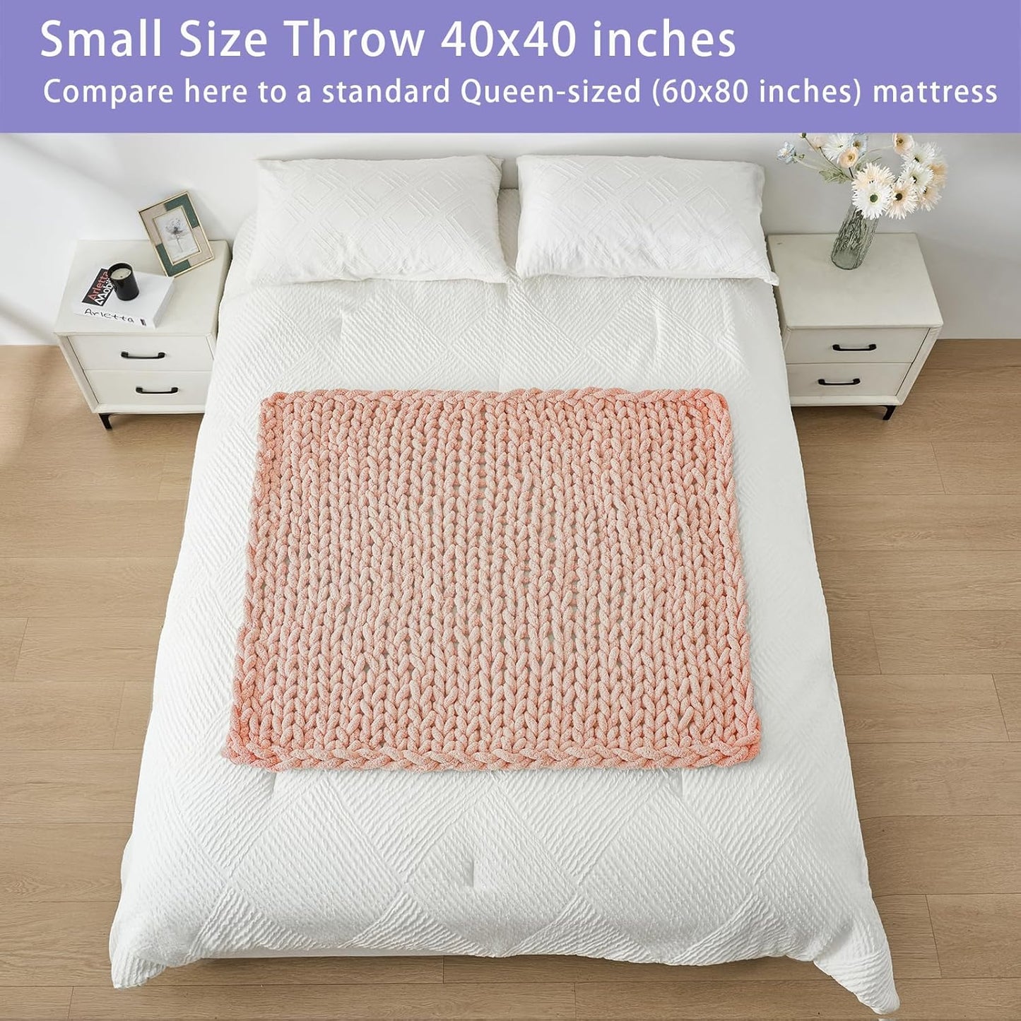 Bigacogo Chunky Knit Throw Blanket for Couch, 40x40 inches, 100% Hand Knitted with Thick Jumbo Chenille Yarn, Cozy Soft Large Rope Knot Cable Crochet Blankets for Sofa Bed Living Room, Peach Fuzz