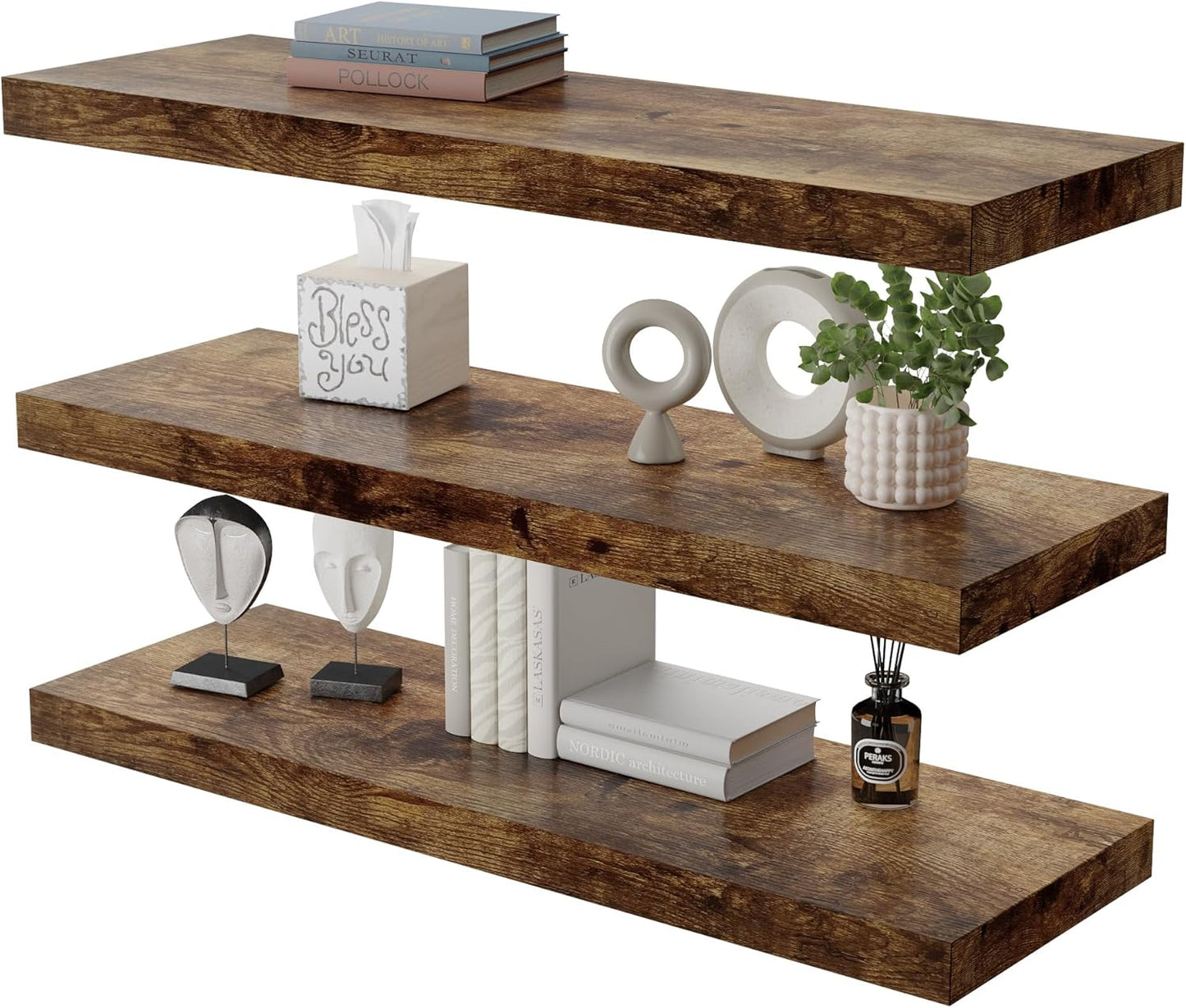 Large Floating Shelves for Wall Set of 3 Wooden Wall Shelves 36 in x 12.75 in x 2 in Room Decor Long Shelf with Invisible Wall Mount Bracket for Bedroom Kitchen Living Room Rustic Brown