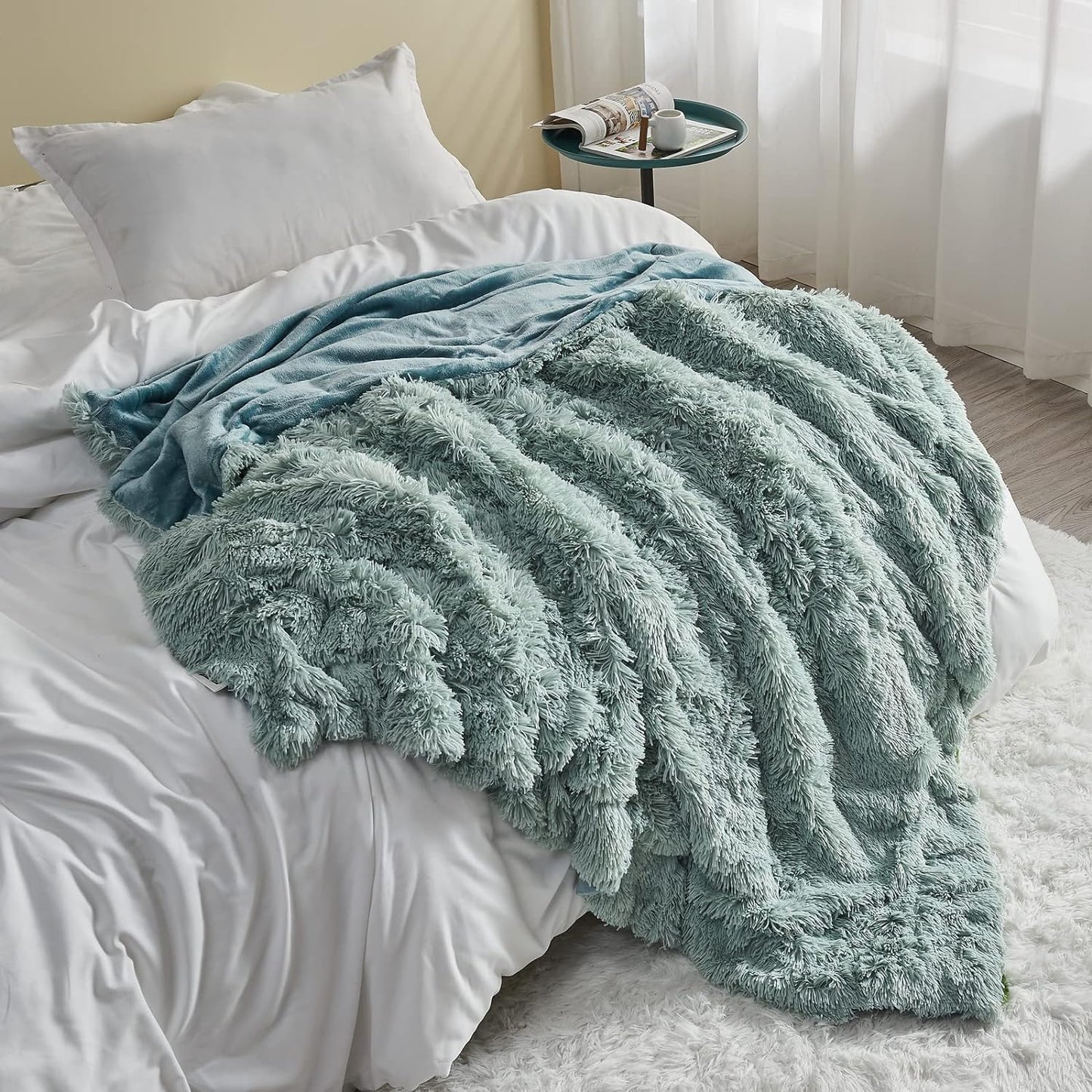 GONAAP Fuzzy Faux Fur Throw Blanket Twin Size Ice Blue Super Soft Cozy Plush Fuzzy Shaggy Blanket for Couch Sofa Bed (Ice Blue, Twin(60"x80"))