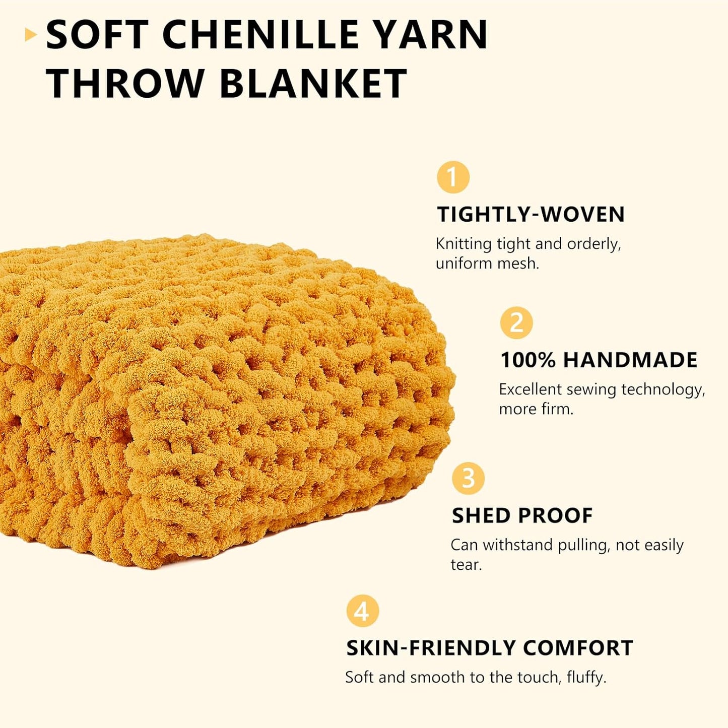 L'AGRATY Chunky Knit Blanket Throw - Soft Chunky Throw Blanket 60x80: 100% Hand Kintted Chenile Crochet Throw Blanket for Couch - Large Cable Knit Chunky Blanket for Home Decor(Mustard Yellow)