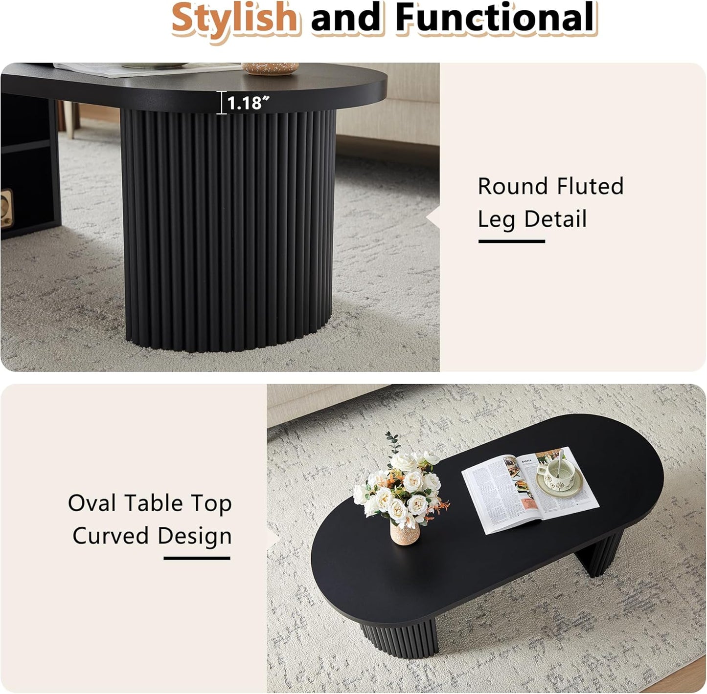 Oval Fluted Coffee Table, 47" Farmhouse Wood Coffee Table Mid Century Modern Center Table Boho Living Room Tables for Living Room Office,Black