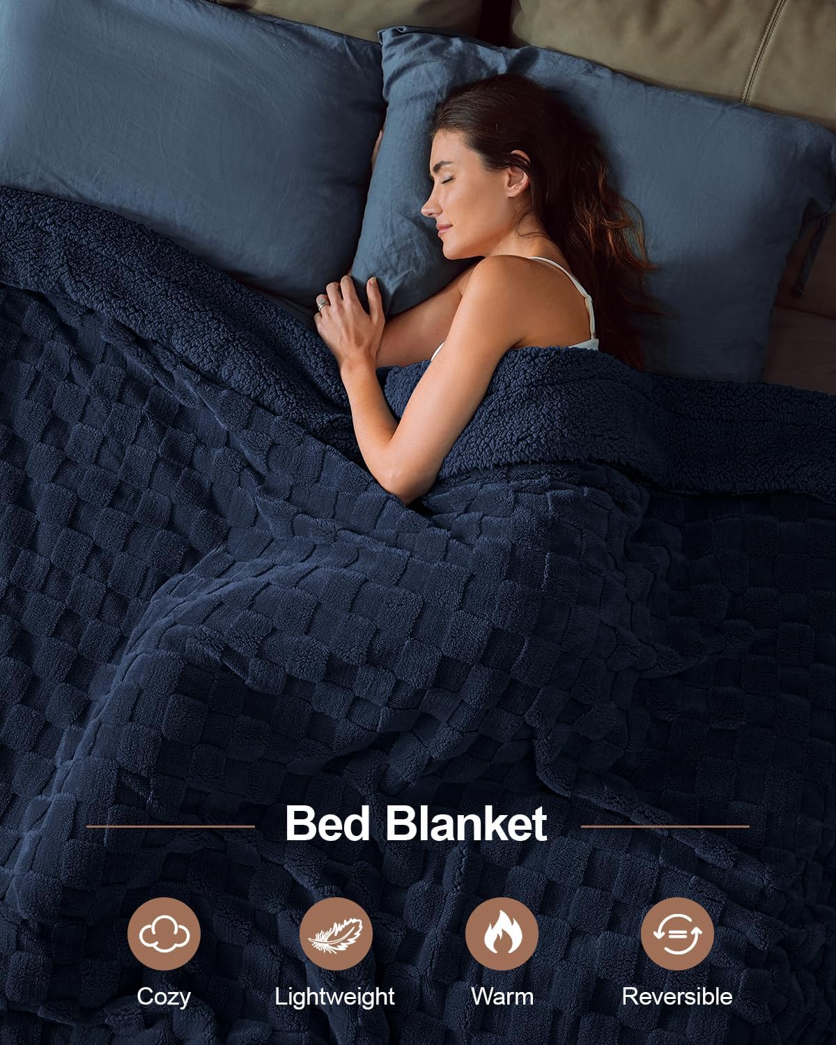 Pawque Super Soft Cozy Throw Blanket Queen Size for Couch Bed, Fluffy Sherpa Fleece Reversible Thick Warm Fuzzy Blanket for All-Season, 3D Checkered Jacquard Decorative Blankets, Navy Blue, 90"x90"