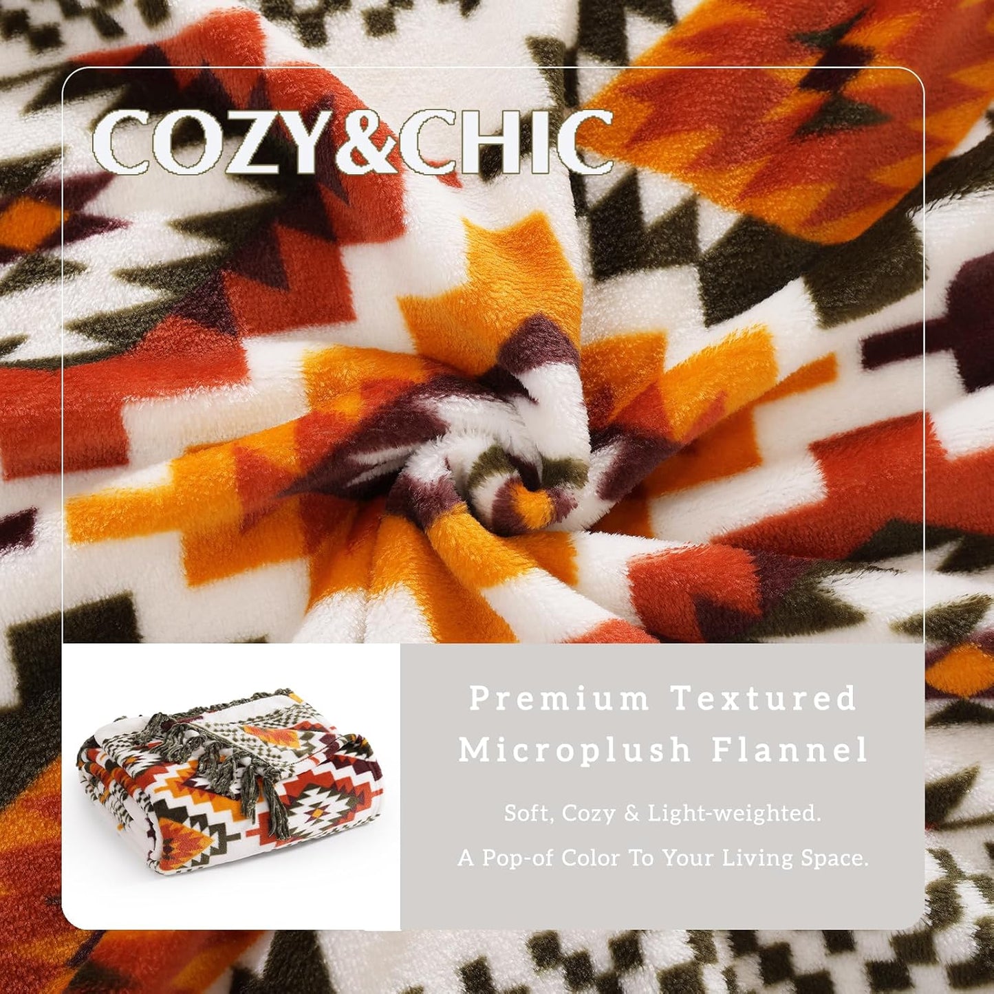 CASAAGUSTO Boho Throw Blanket - Orange and Green Decorative Blankets with Tassel, Printed Flannel Bohemian Blanket for Chair, Bed, Sofa, Couch(50 * 60, Orange and Green)