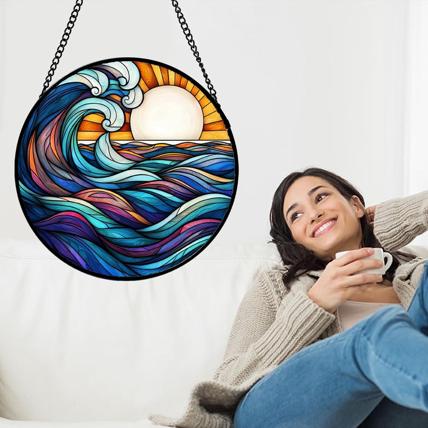 Stained Glass Window Hanging, Big Wave Sun Suncatcher Diamond Glass Panel Hangings Abstract Sun Catchers Decor for Birthday for Women, Men, Wife, Aunt, and Mom 14.9x14.9 in