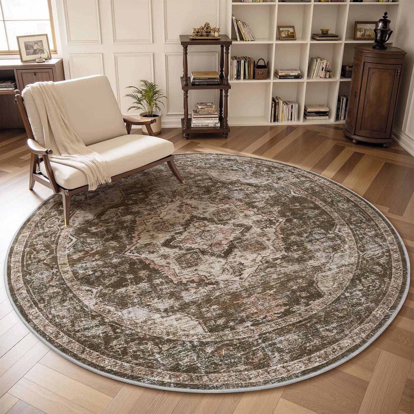 AMOAMI 6FT Round Rug - Vintage Soft Coffee & Brown Rugs for Living Room, Bedroom, Dining Room, Office - Non Slip, Machine Washable