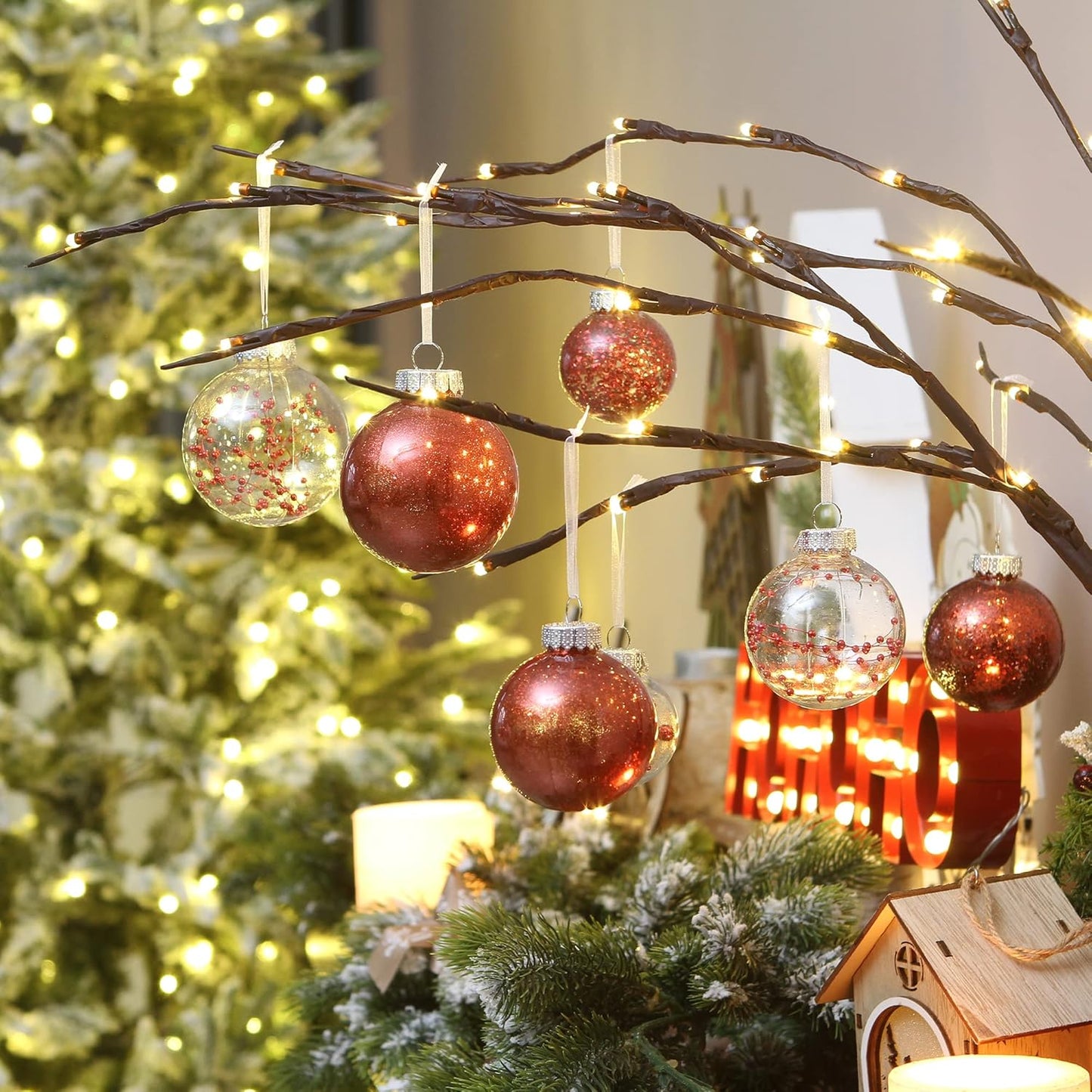 Sea Team Shatterproof Clear Plastic Christmas Ball Ornaments Decorative Xmas Balls Baubles Set with Stuffed Delicate Decorations (70mm/2.76 inch 24-Pack, Red)