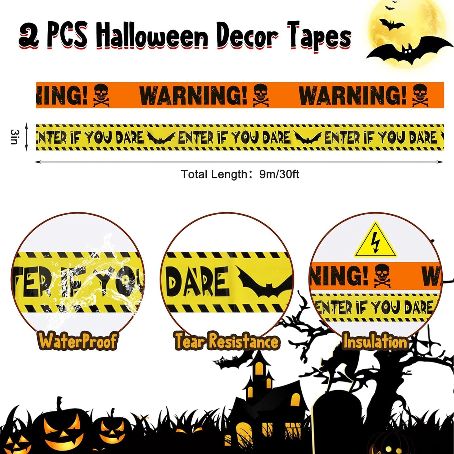 Halloween Decorations, 5 Sheets Wall Decals-Bloody Handprint Stickers, 2 Pack Halloween Banners and 2 PCS Caution Tape Rolls 3inx30ft for Party Decor, Outdoor, Indoor, Haunted Mansion