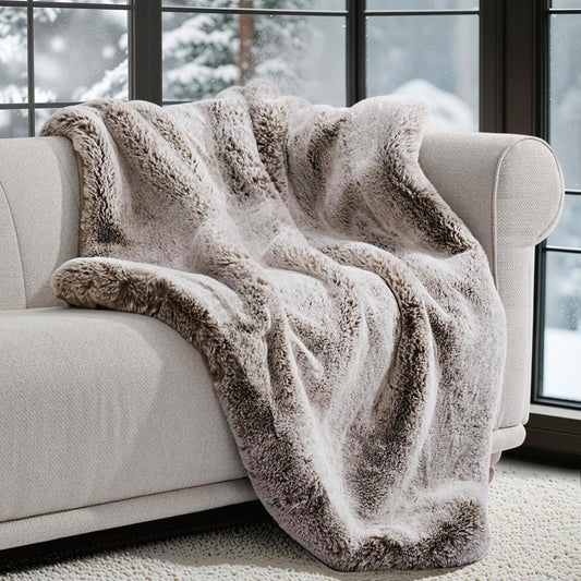 Luxury Soft Faux Chinchilla Fur Throw Blanket for Couch, Warm Thick Heavy Winter Throw Blanket 1220GSM for Bed, Fluffy Cozy Mink Blanket with Reversible Velvet, Champagne Fawn, 50"x60"