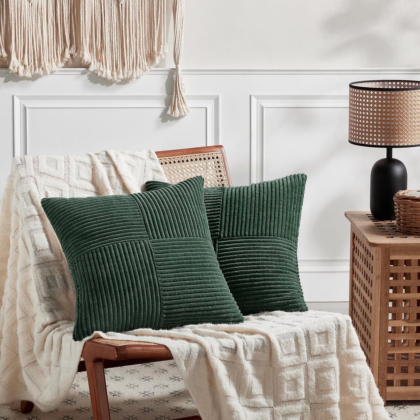 Fancy Homi Set of 2 Dark Green Decorative Throw Pillow Covers 24x24 Inch for Bedroom Couch Bed, Boho Farmhouse Forest Green Home Decor, Soft Corss Corduroy Patchwork Textured Cushion Case 60x60 cm