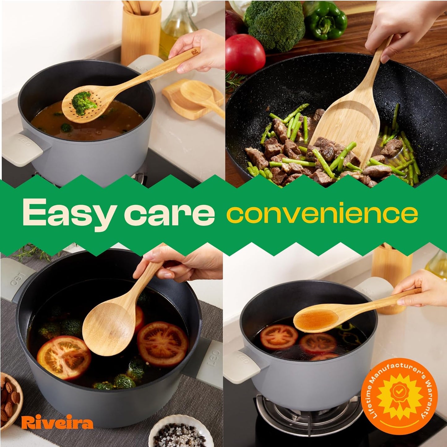 Riveira Brown Bamboo Wooden Spoons for Cooking Set of 6 – Natural Brown Bamboo Wooden Cooking Utensils, Wooden Spatula, Wooden Spoon - Premium Quality Wooden Utensil Set for Non-Toxic Cooking