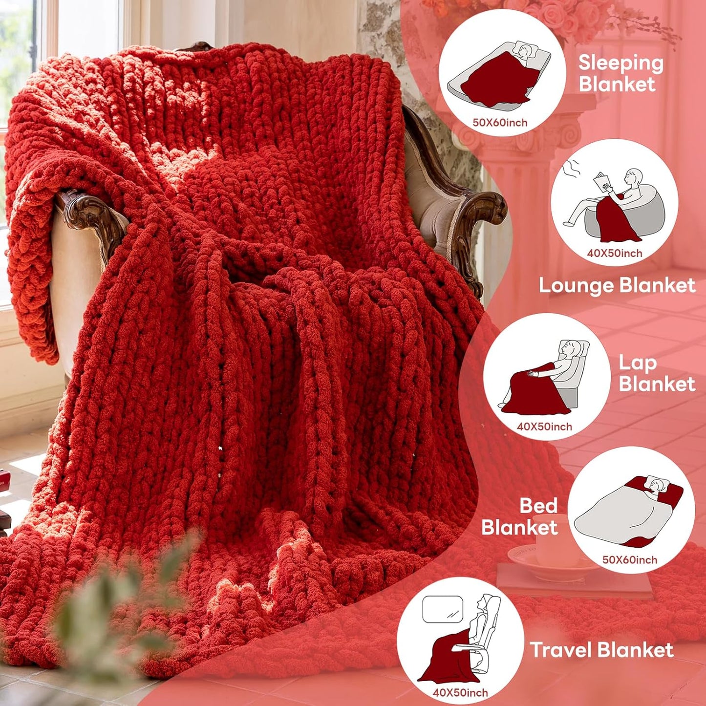 Chunky Knit Blanket - Luxury Soft Cozy 40 * 50 Throw Blanket,100% Woven Blanket Rope Knot Throw Blanket for Couch, Sofa, Home Decor, Gift - Machine Washable（Wine red）