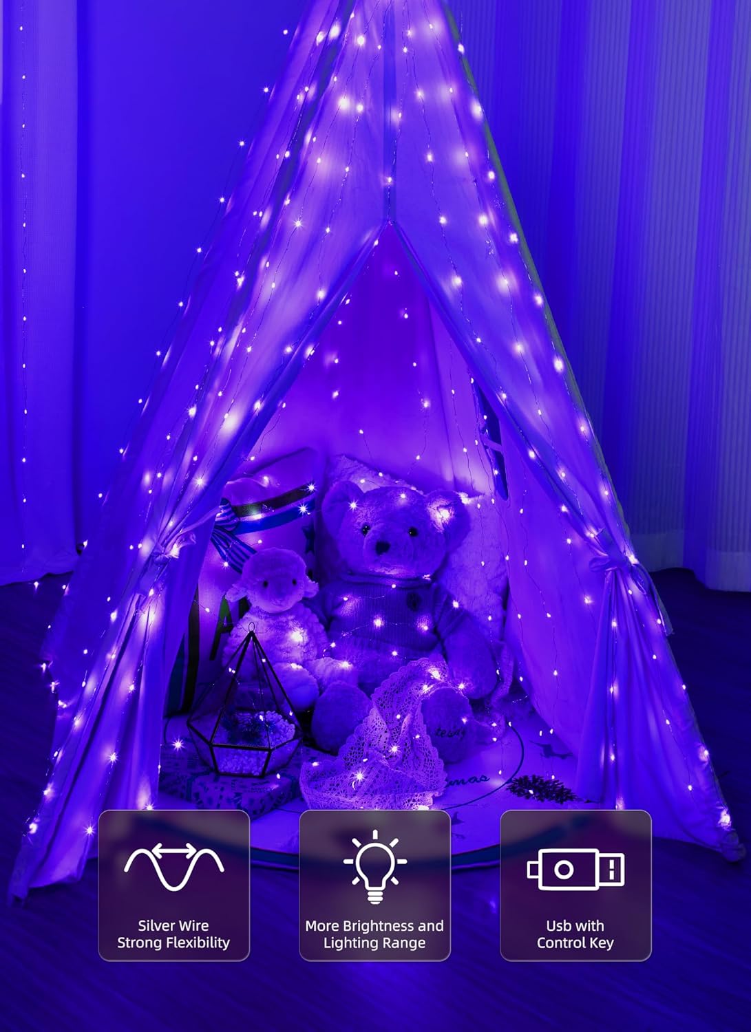Brightown 300 LED Purple Fairy Curtain Lights, 9.8ft x 9.8ft Curtain String Lights, USB Plug in 8 Lighting Modes LED Christmas String Hanging Lights with Remote for Bedroom Indoor Outdoor Weddings
