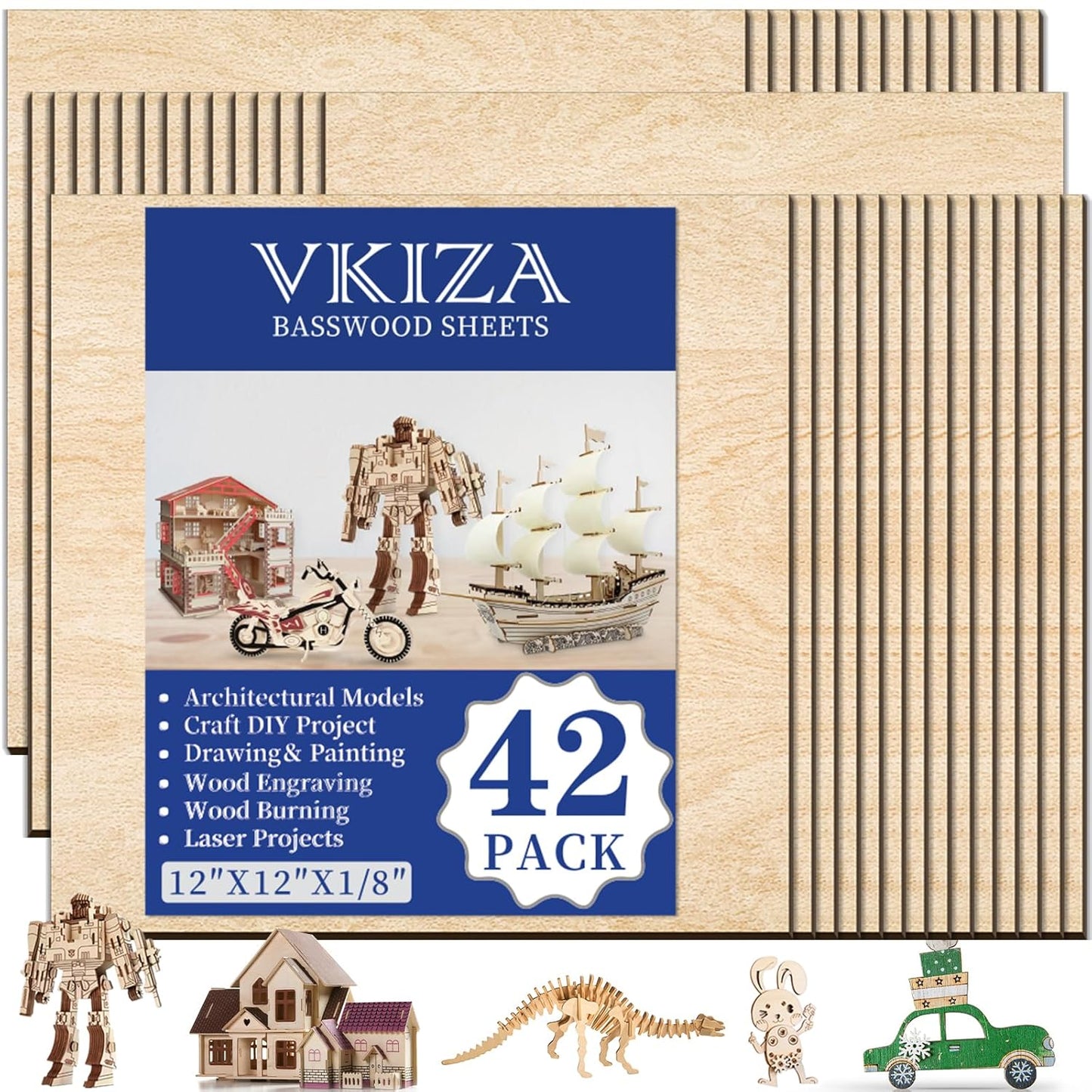 42 Pack Basswood Sheets 12"x12"x1/8" for Crafts,Unfinished Wood,3mm Basswood Craft Wood Board Perfect for DIY Ornaments and Models Drawing Painting Engraving Burning and Laser Scroll Sawing.