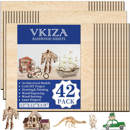 42 Pack Basswood Sheets 12"x12"x1/8" for Crafts,Unfinished Wood,3mm Basswood Craft Wood Board Perfect for DIY Ornaments and Models Drawing Painting Engraving Burning and Laser Scroll Sawing.