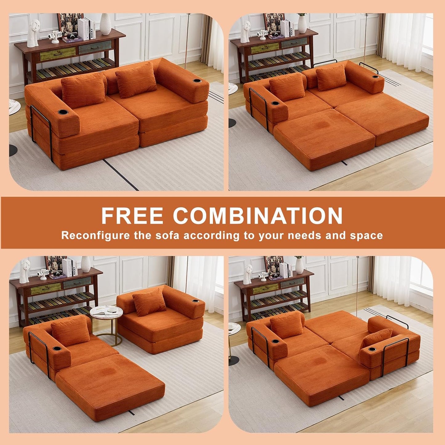 78" W Loveseat Sofa, 4 in 1 Convertible Floor Sofa Bed, Boneless Cloud Couch with Cup Holder, Fold Out Floor Couch, Loveseat Recliner Sleeper for Living Room Bedroom Lounge(Corduroy, White)