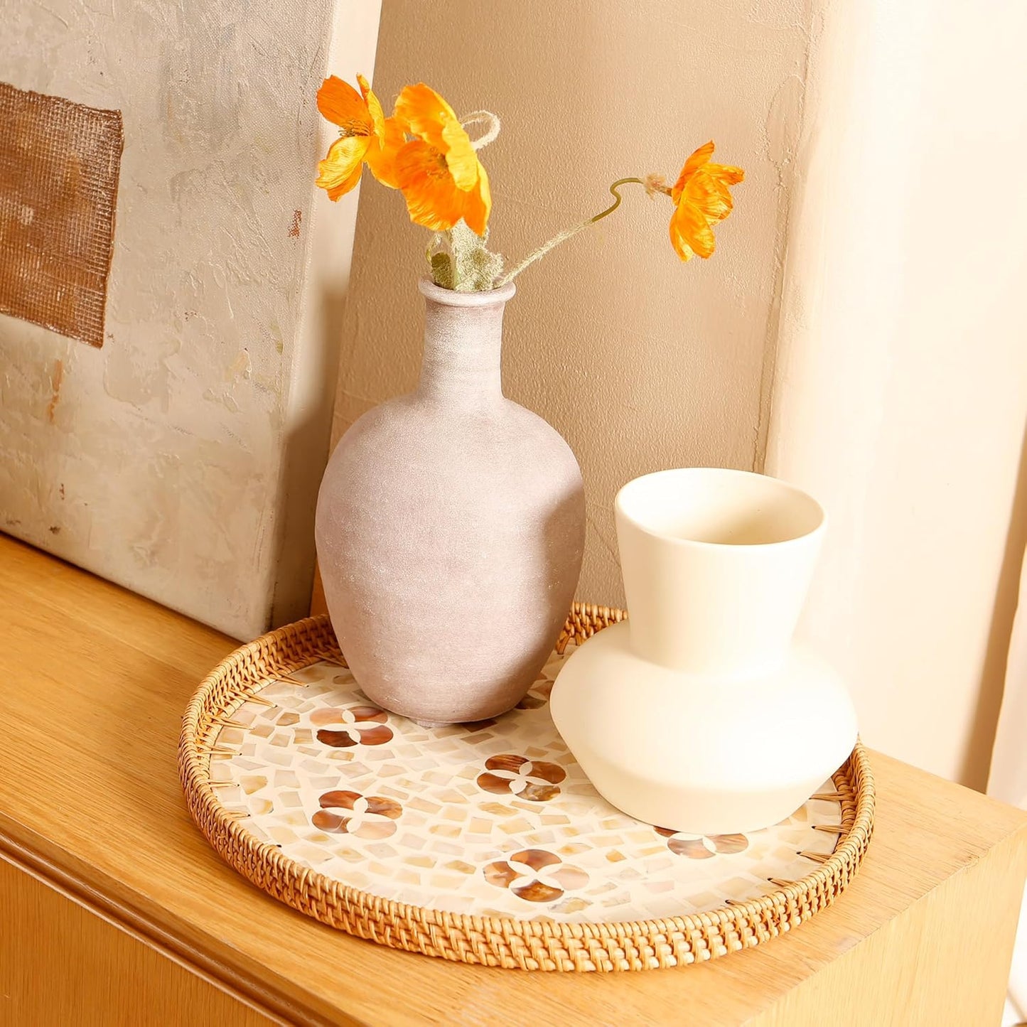 Round Rattan Tray with Mother of Pearl Inlay & Wooden Base - Decorative Wicker Serving Tray for Coffee/Bread/Fruits, Food Storage & Display - Multipurpose Home Decor (M,Four-Petal Flower)