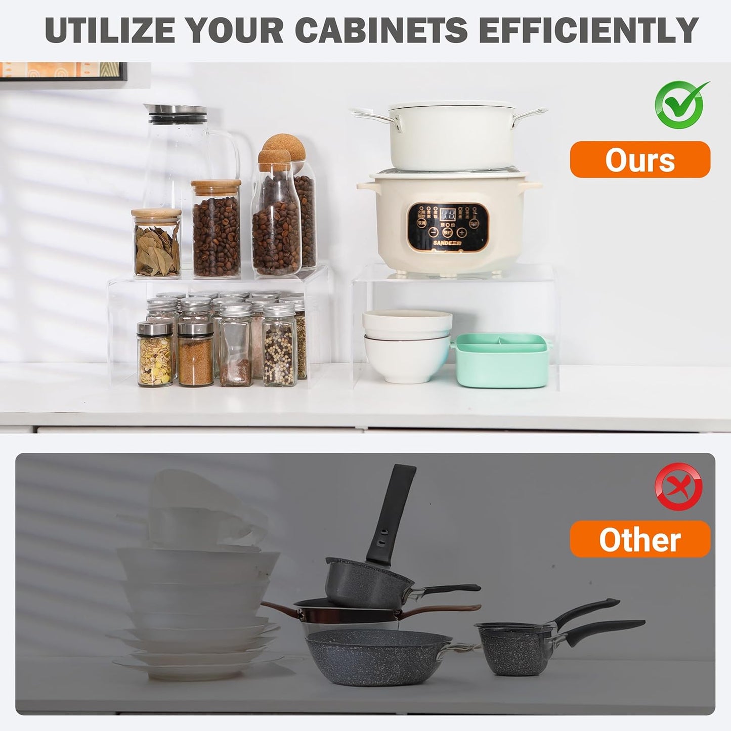 Acrylic Cabinet Organizer, Shelf Organizer, Set of 2 Spice Organization for Cabinet, Spice Rack, Stackable Kitchen Countertop Organizer | Cupboard, Pantry Shelves, and Storage Space Saver