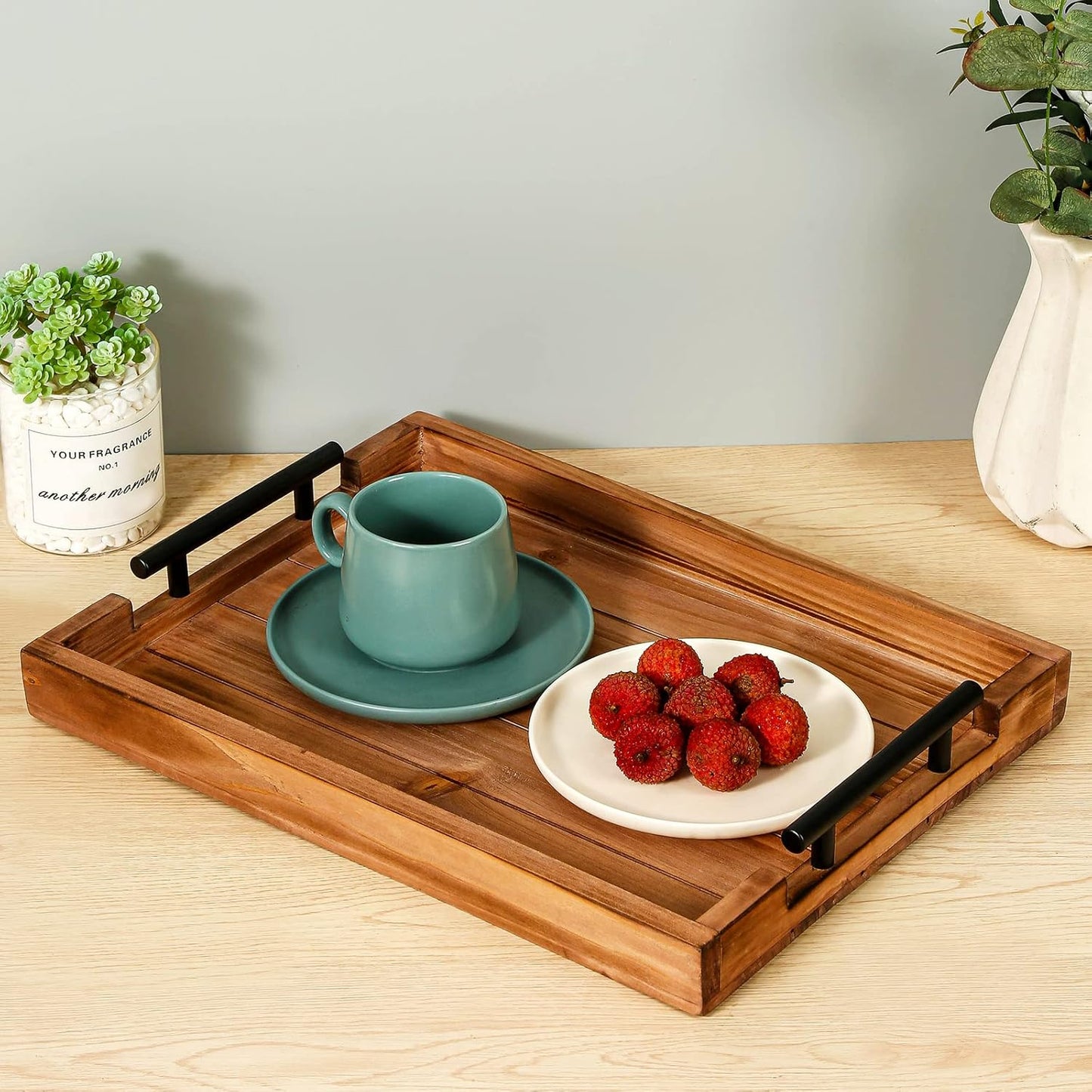 Set of 2 Decorative Nested Wood Vintage Serving Tray with Black Stainless Steel Handles for Eating, Breakfast in Bed,Kitchen,Ottoman Trays, Coffee Table Trays Farmhouse Tray
