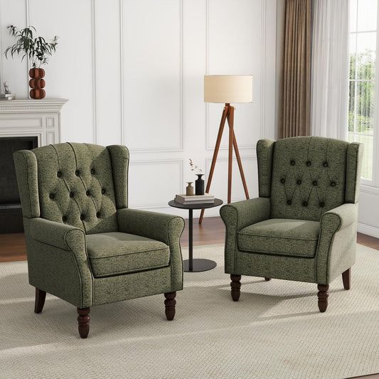 UIXE High Back Accent Chairs Set of 2, Upholstered Armchair in Fabric for Living Room, Retro Wingback Arm Chair Comfy Single Sofa Bedroom Reading Seat with Solid Wood Legs - Green