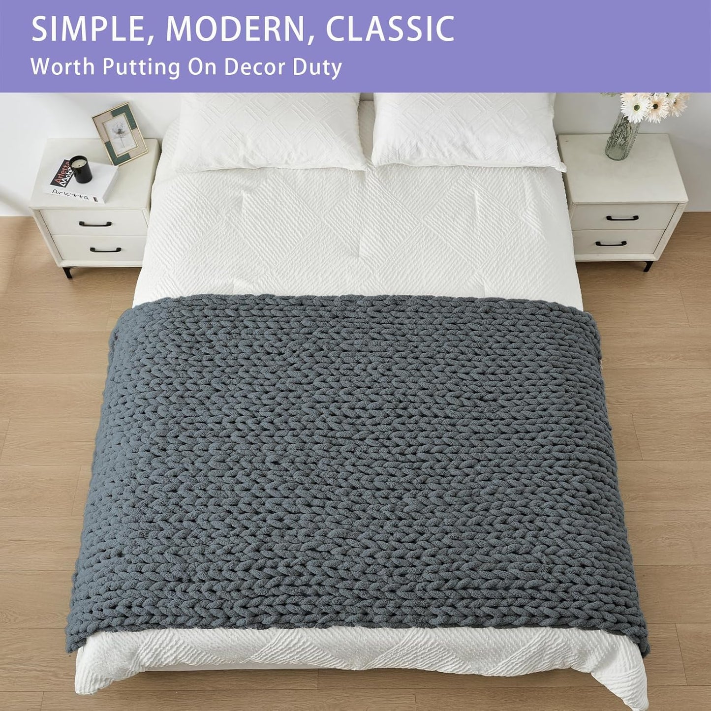 Bigacogo Chunky Knit Throw Blanket for Couch, 40x80 inches, 100% Hand Knitted with Thick Jumbo Chenille Yarn, Cozy Soft Large Rope Knot Cable Crochet Blankets for Sofa Bed Living Room, Iron Gray