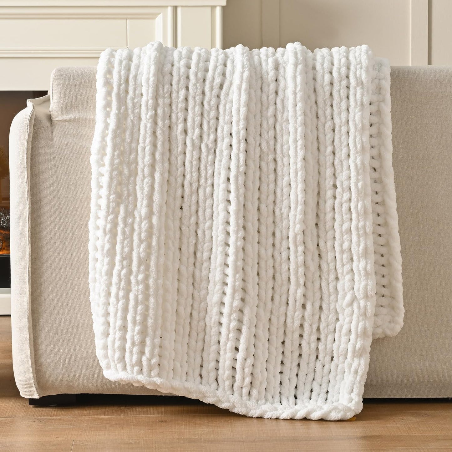 Esterra 100% Hand Knitted Chenille Throw Blanket, 50"x60", White, Polyester, Chunky Knit, Throw Blanket, 50x60 Inches