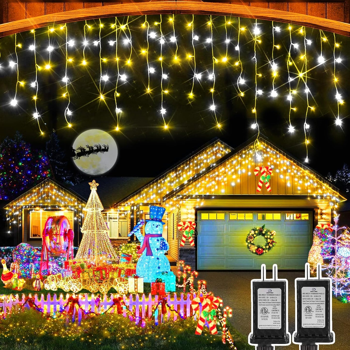 Christmas Lights Outdoor, 2 Pack Total 98FT 960 LED Ice Lights for Outside with 180 Drops 8 Modes Timer Memory, Plug in Waterproof for Holiday Eaves Yard Roof Party Decor (Cool White and Warm White)