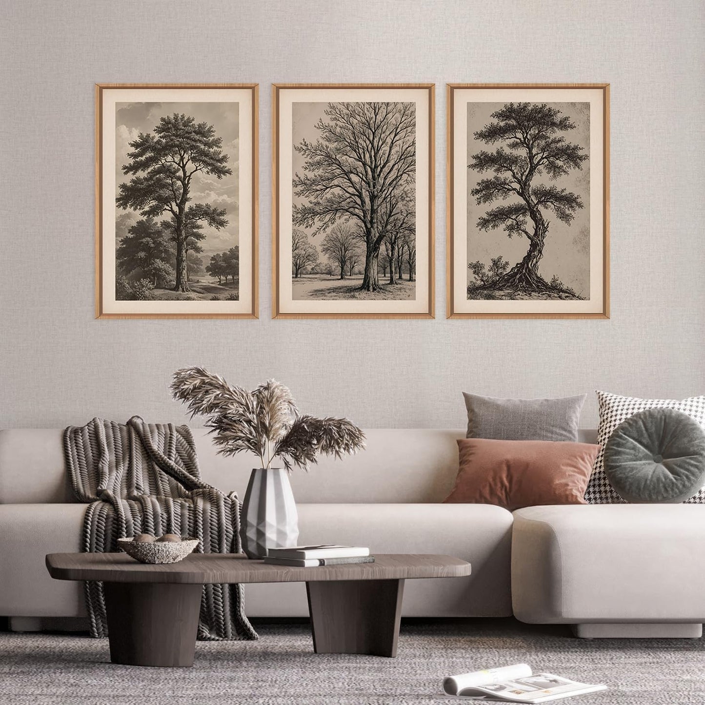 HPINUB Vintage Sketch Tree Framed Canvas Wall Art Set,Modern Nature Botanical Wall Decor, Antique Wilderness Tree Artwork,Minimalist Neutral Art Prints for Living Room,Bedroom,Farmhouse-24 x36 x3