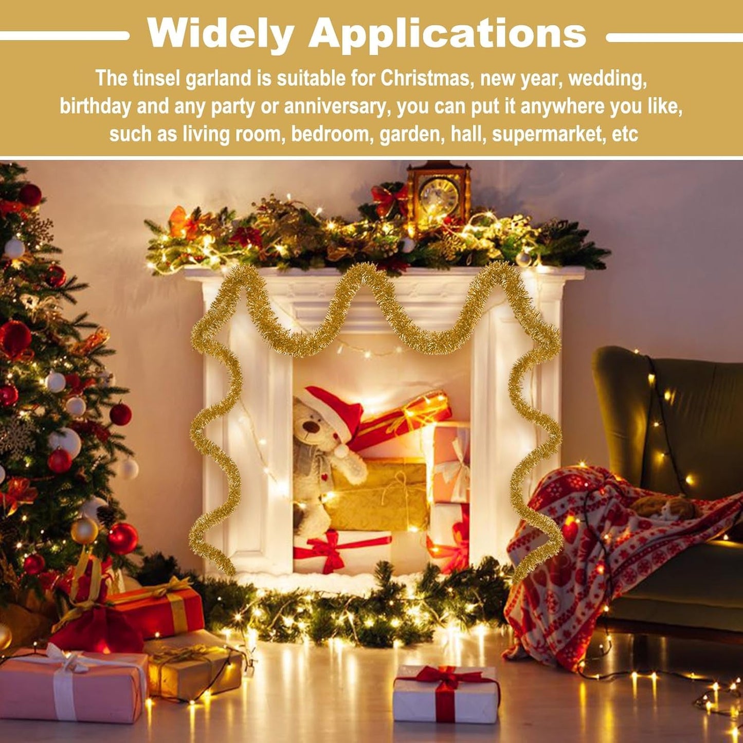 50 Feet Metallic Twist Tinsel Garland - Wall Hanging Backdrop for Parade Floats, Christmas Eve, New Year, Valentine's Day Parties (Champagne Gold, 2in x 50ft)