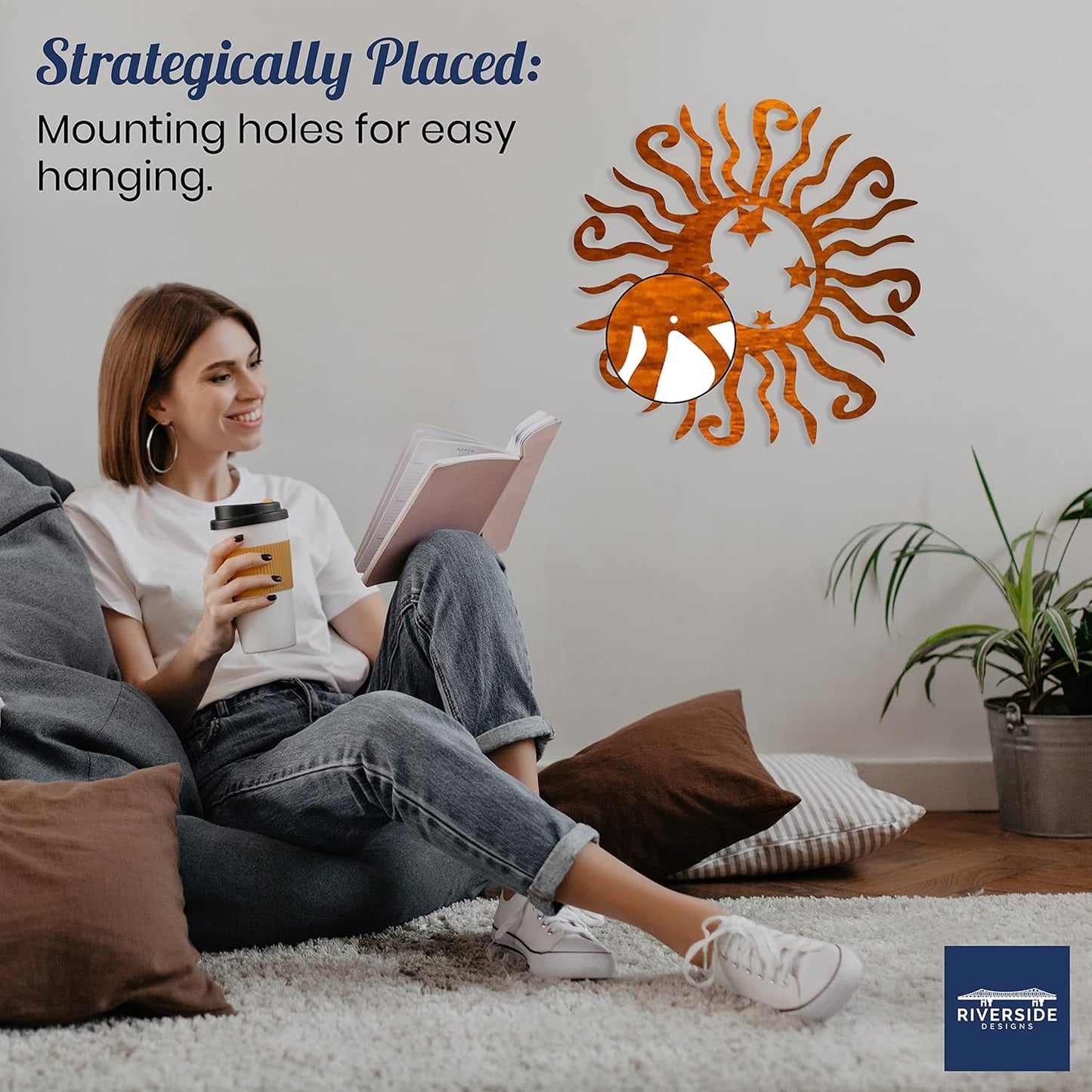 Riverside Designs Wacky Solar Moon Metal Wall Art Steel Outdoor Decor | Heavy-Duty and Waterproof | Made in USA (Copper, 18L x 18W)