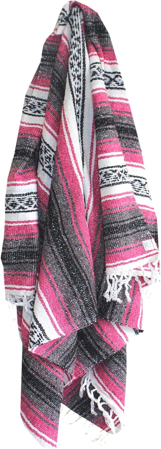Del Mex Classic Mexican Blanket, Large Authentic Woven Falsa Throw (70"x50"), Artisan Southwest Décor for Beach, Yoga, Outdoors (Hot Pink/Fuchsia)