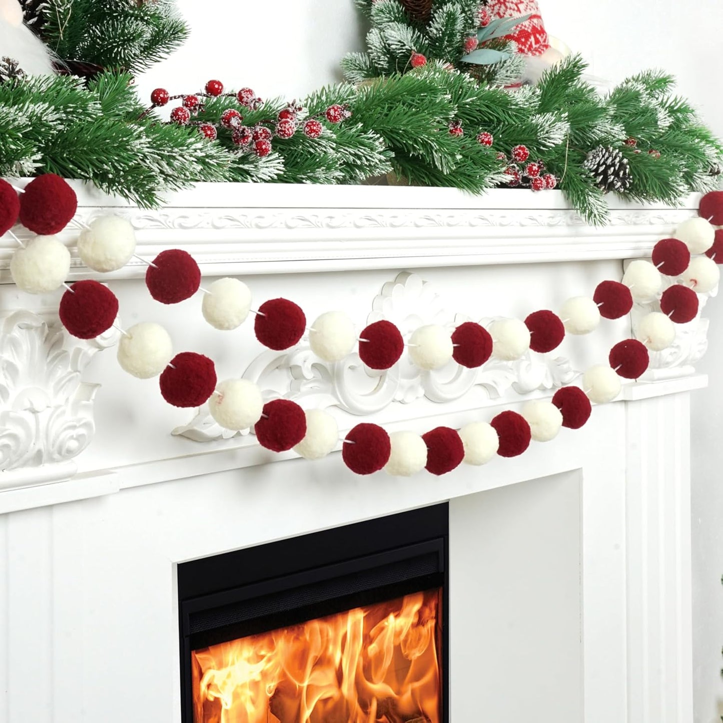 XmasExp Pom Pom Garland Decorations - Large Red Felt Ball Garland for Mantle, Indoor Home Decor, Christmas Tree Ornaments, Kids Room and Party Hanging Decor,13 Ft. (Red, 1.57")